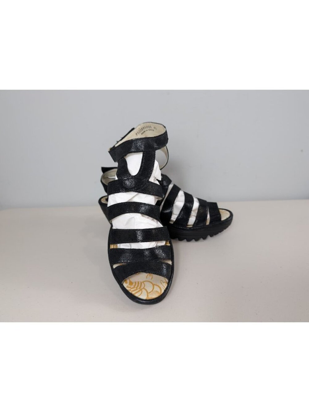 Fly London black leather wedge heels women's size 10-10.5